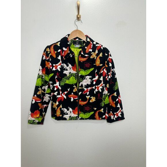 LoriZoni Zip Up jacket blazer size small koi fish print silk cotton blend retro - Picture 4 of 7